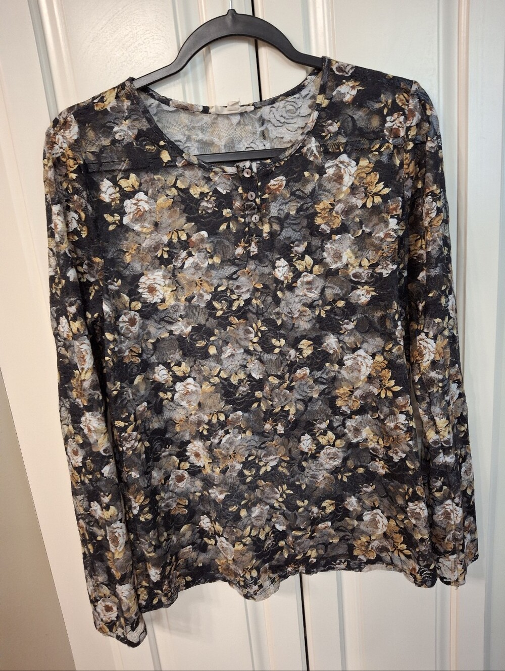 Hem & Thread Black Floral Lace Long Sleeve Top with Gold Accents